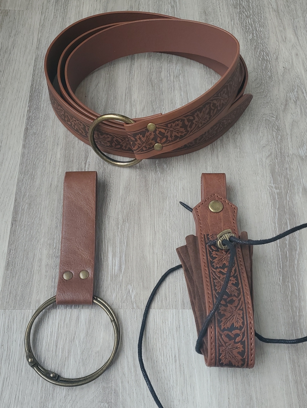 3 Pieces - Fantasy Medieval Brown Faux Leather Belt and Accessory Set